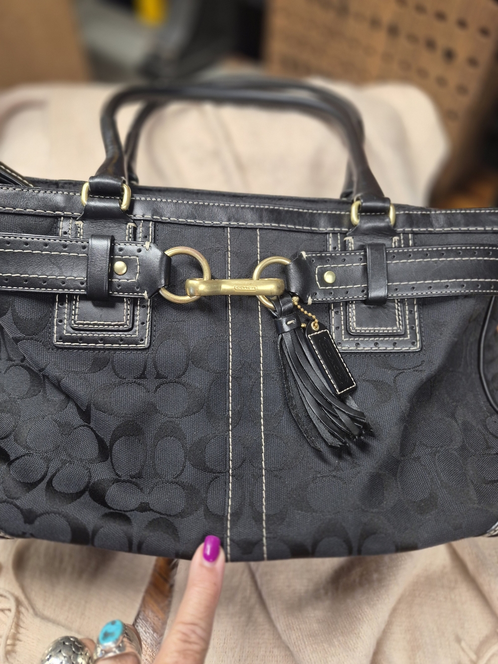 Coach Black Signature Canvas Horsebit Satchel with Gold Hardware and Tassel